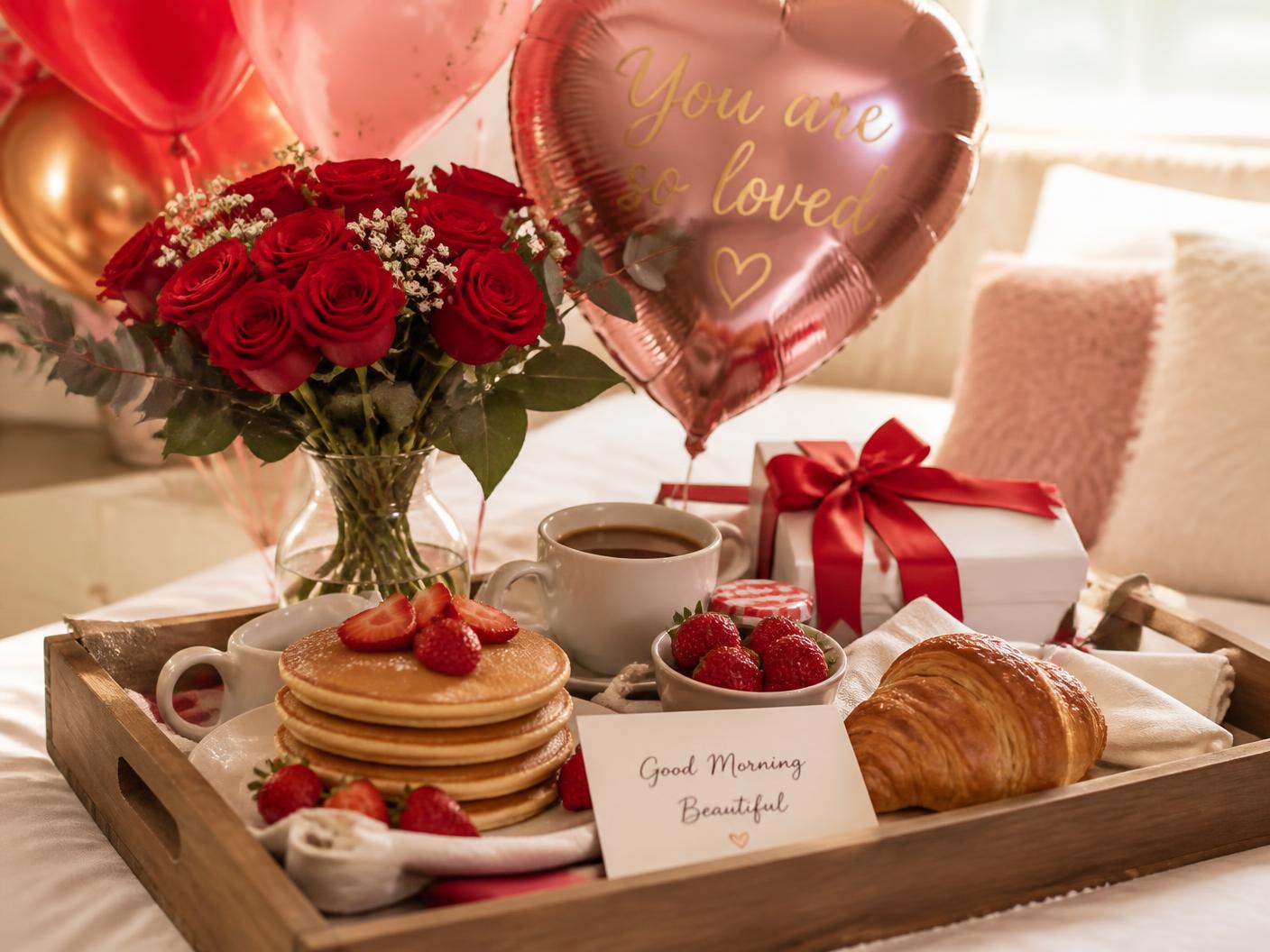 Bandeja de desayuno sorpresa con pancakes, fresas, café, rosas rojas y globos
