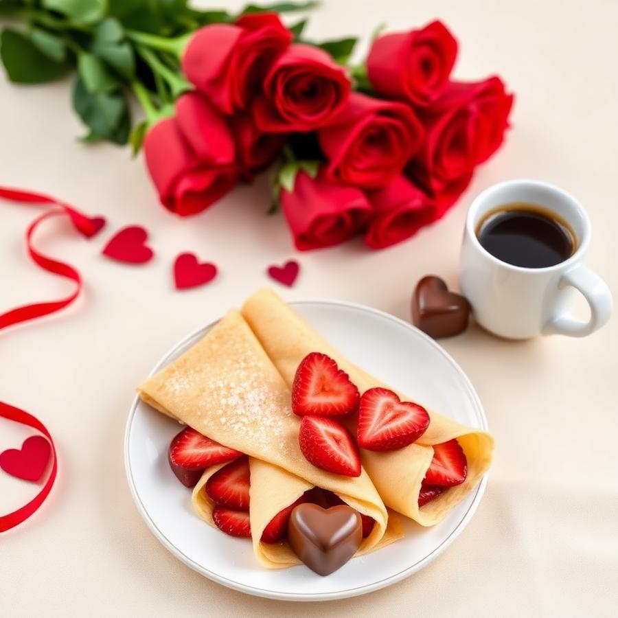Desayuno sorpresa romántico con crepes y rosas rojas